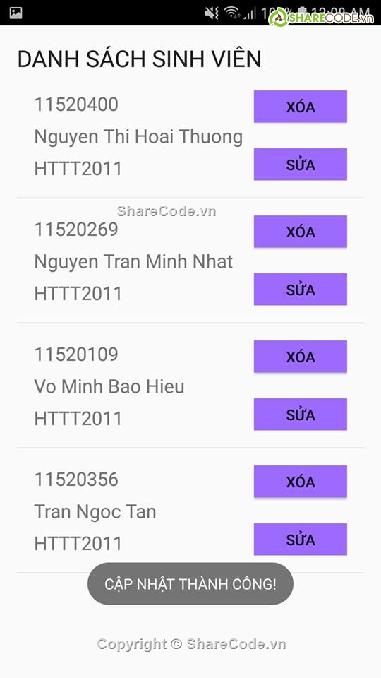 quản lý sinh viên,danh sách sinh viên,sinh viên,học sinh,Ứng dụng android,quản lý