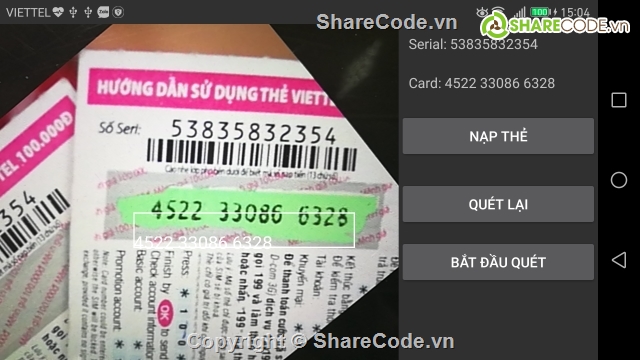 Scan card,android,quét mã thẻ Viettel,viettel,Ứng dụng quét mã thẻ điện thoại