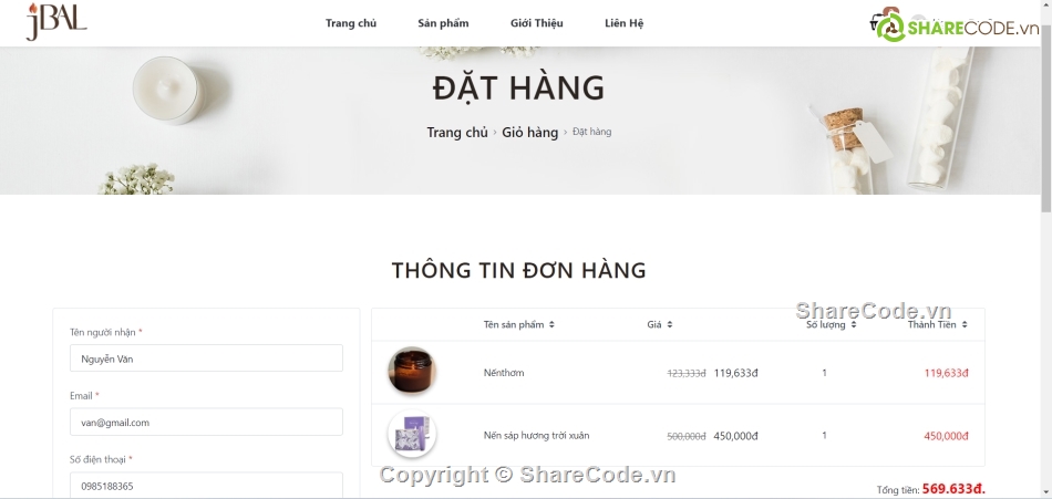 Website bán hàng,hiện đại,nến thơm,đồ án,code quản lý,share full code