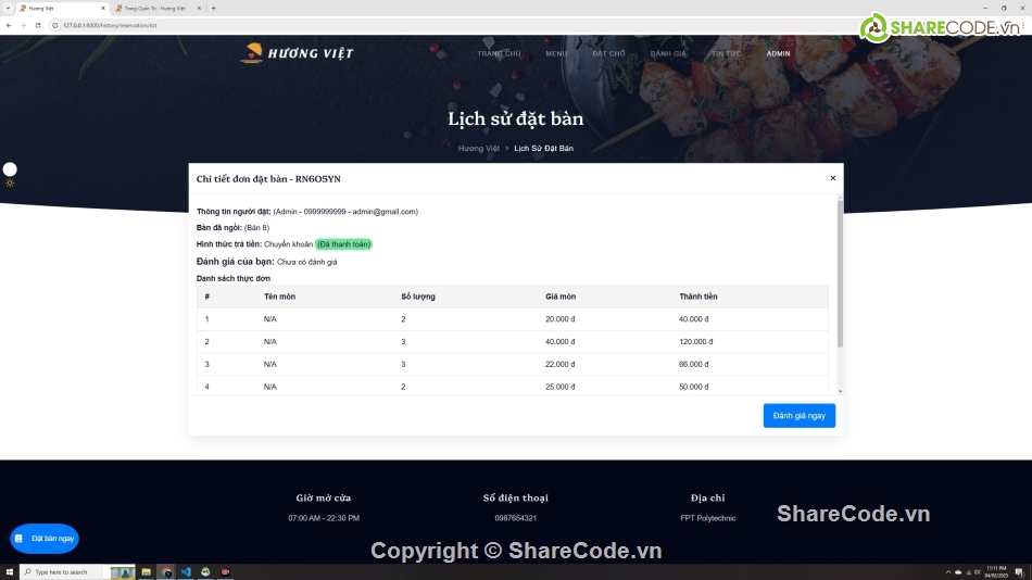 php laravel,Website php,nhà hàng,đặt hàng,web quản lý nhà hàng
