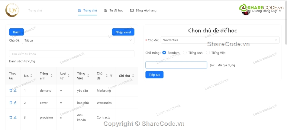 từ vựng tiếng anh,Code website học từ vựng,Code web học từ vựng