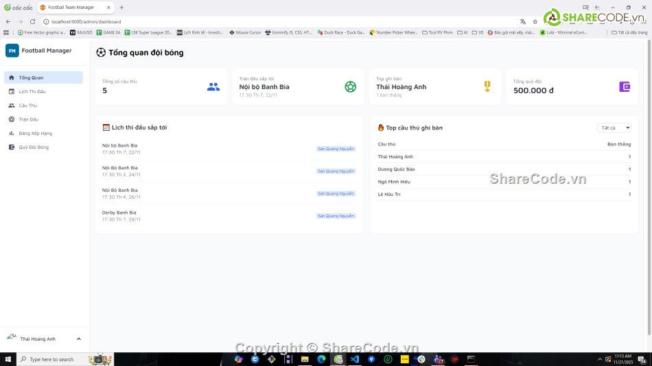 Website quản lý,Web bóng đá,quản lý bóng đá,NodeJS,VueJS