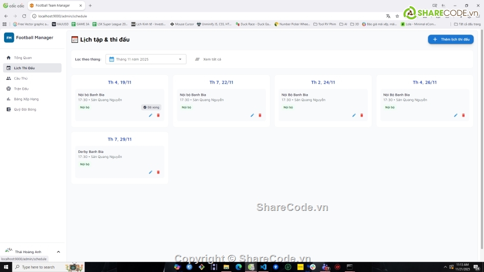Website quản lý,Web bóng đá,quản lý bóng đá,NodeJS,VueJS