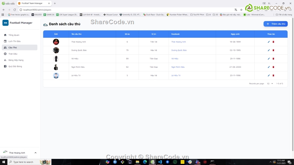 Website quản lý,Web bóng đá,quản lý bóng đá,NodeJS,VueJS