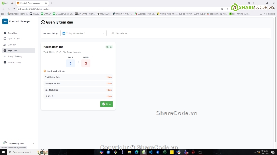 Website quản lý,Web bóng đá,quản lý bóng đá,NodeJS,VueJS