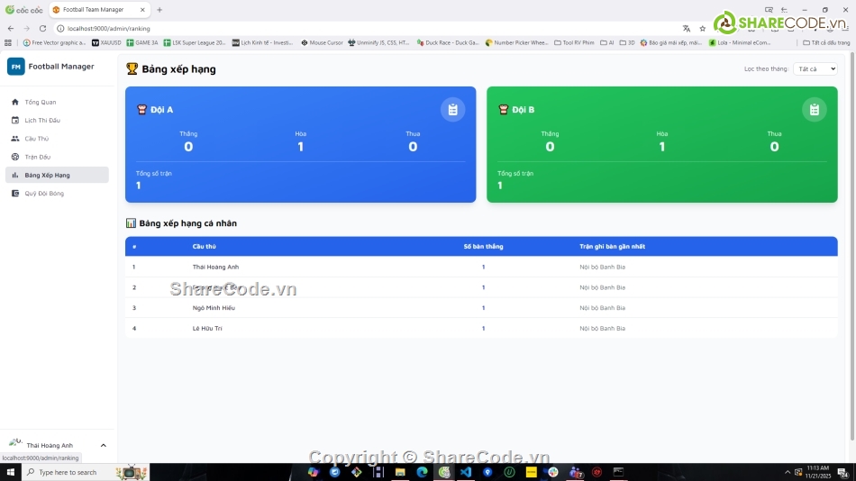 Website quản lý,Web bóng đá,quản lý bóng đá,NodeJS,VueJS