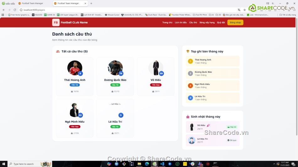 Website quản lý,Web bóng đá,quản lý bóng đá,NodeJS,VueJS
