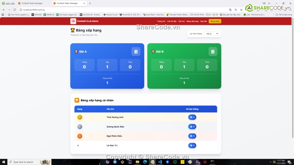 Website quản lý,Web bóng đá,quản lý bóng đá,NodeJS,VueJS