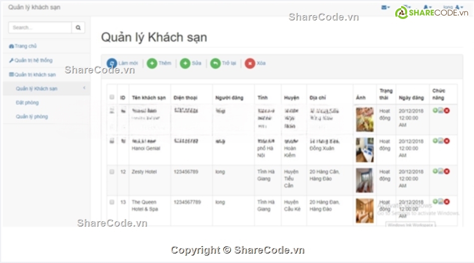 Website quản lý,full báo cáo,Website khách sạn