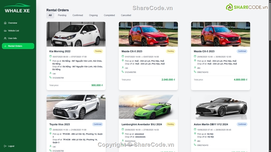 Ứng dụng,thuê xe,code cho thuê xe