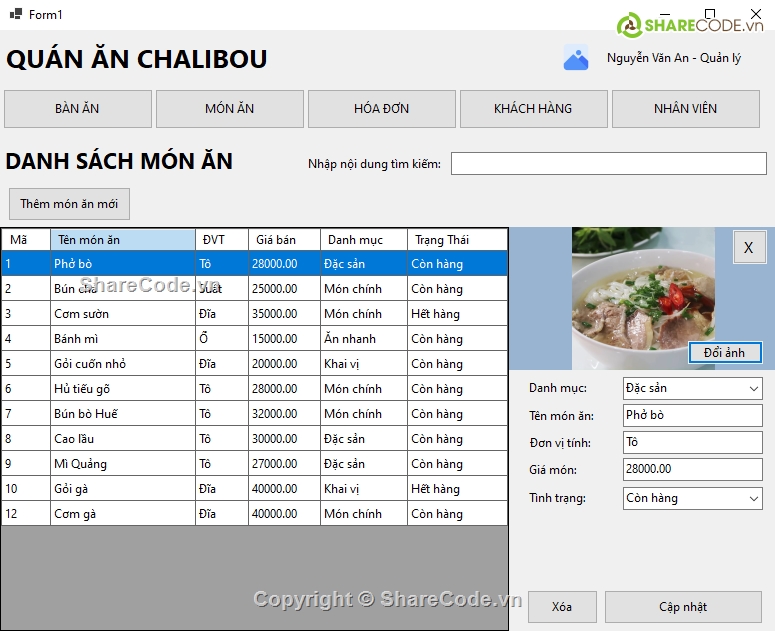 Đồ án,quán ăn,Quản lý quán ăn C#,BTL Winform,Sharecode