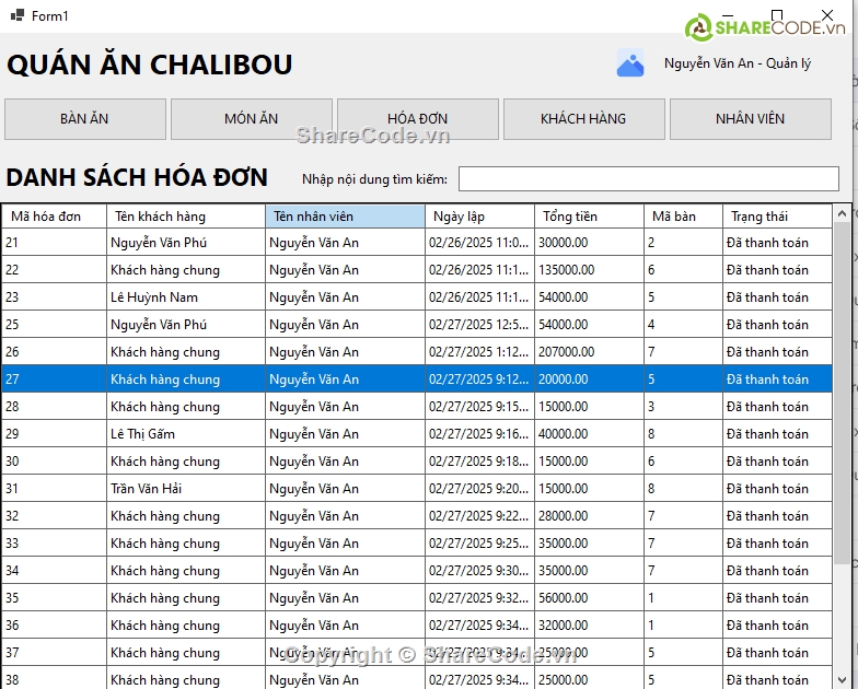 Đồ án,quán ăn,Quản lý quán ăn C#,BTL Winform,Sharecode