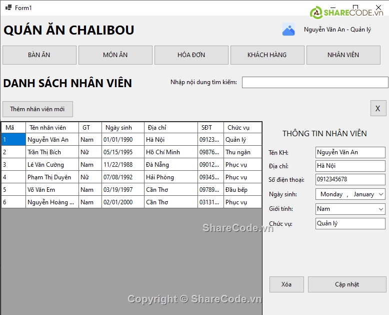 Đồ án,quán ăn,Quản lý quán ăn C#,BTL Winform,Sharecode