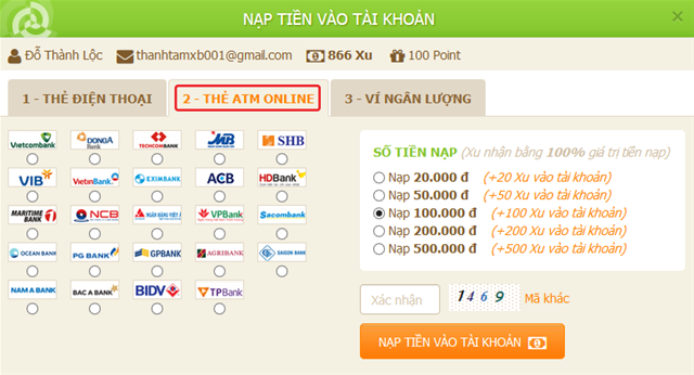 Hướng dẫn NẠP TIỀN vào tài khoản Nạp tiền, nạp qua thẻ điện thoại, nạp tiền atm, ví điện tử, nạp thẻ