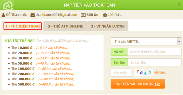 Hướng dẫn NẠP TIỀN vào tài khoản Nạp tiền, nạp qua thẻ điện thoại, nạp tiền atm, ví điện tử, nạp thẻ