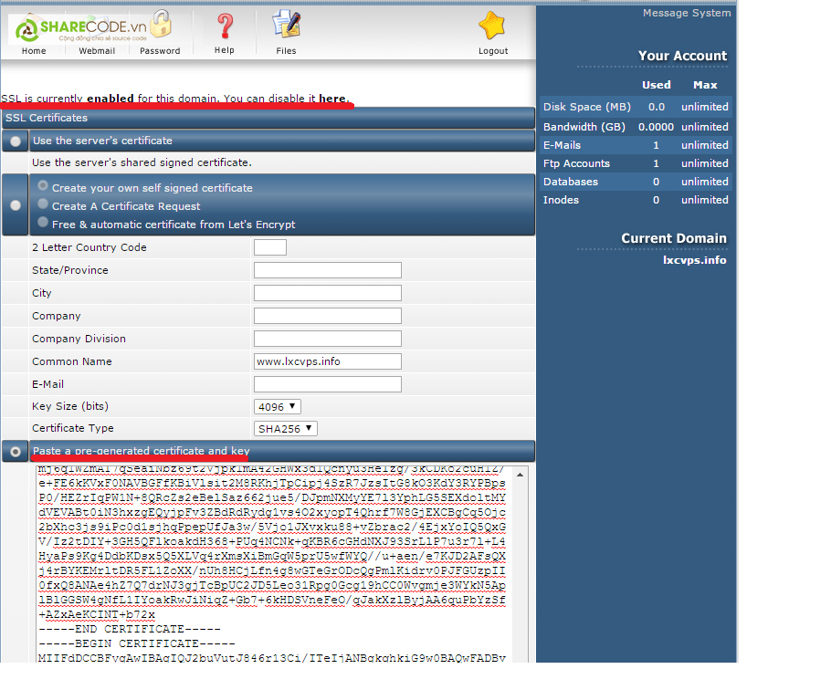 cài đặt SSL, hướng dẫn cài đặt SSL, SSL trên Directadmin, Sharecode,vn