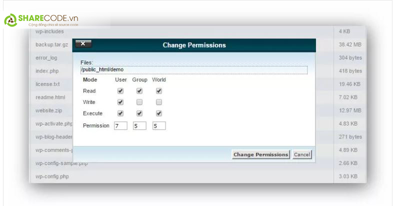 CHMOD trên cPanel, Hướng dẫn CHMOD trên cPanel, sharecode CHMOD trên cPanel