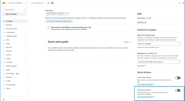 Development Mode, Cloudflare, CDN 