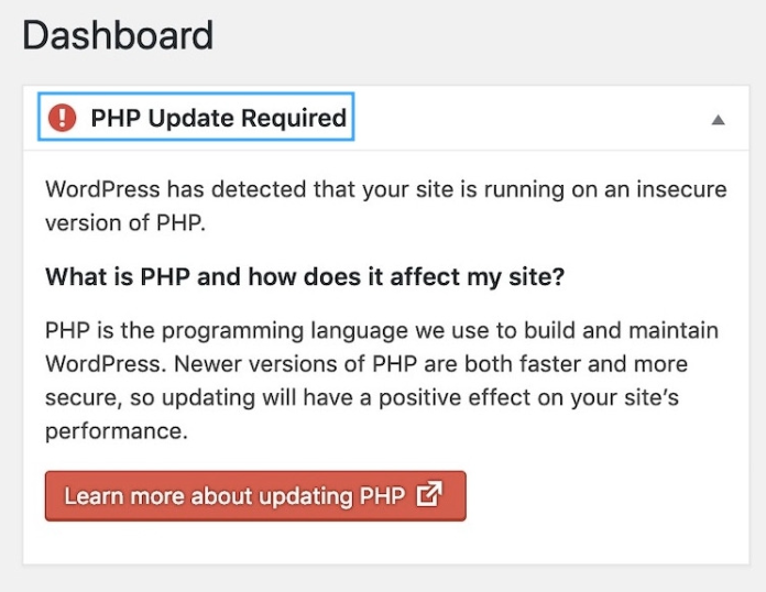 PHP Update Required, WordPress, website 
