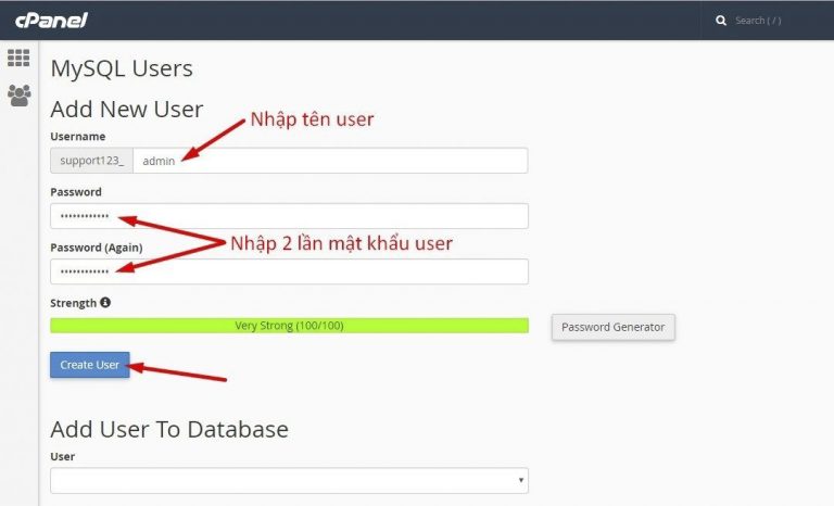 Tạo Database,  phân quyền cho User quản lý Database, Cách tạo Database và User quản lý, phân quyền trong cPanel