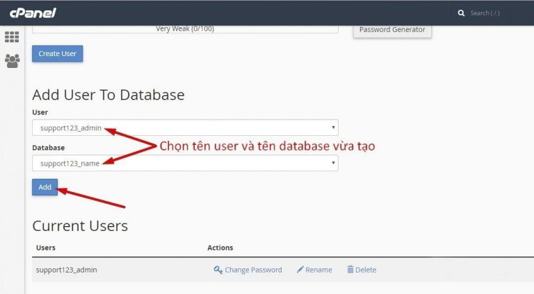 Tạo Database,  phân quyền cho User quản lý Database, Cách tạo Database và User quản lý, phân quyền trong cPanel