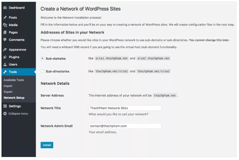 Cài đặt WordPress Multisite, Hướng dẫn Multisite WordPress, Thiết lập mạng WordPress