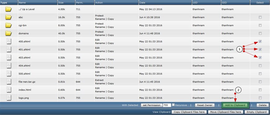 File Manager trong DirectAdmin, Sharecode.vn. File Manager, DirectAdmin