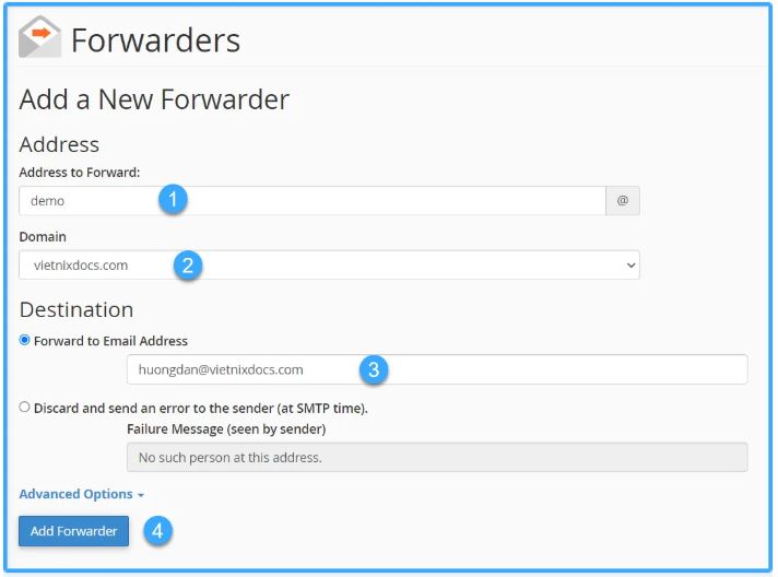 Email Forwarders, cPanel, cấu hình Email Forwarders