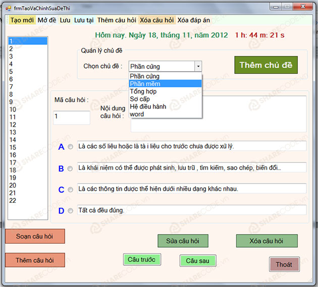 Code đề tài thi trắc nghiệm tin học,share code trắc nghiệm tin học,code trác nghiệm môn học,mã nguồn trắc nghiệm tin học đại cương,chươn trình học và thi trắc nghiệm C#,trắc nghiệm tin học